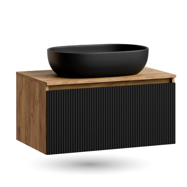 ARISA Waschtisch 80 cm Schwarz Geriffelt mit Keramik-Aufsatzwaschbecken 60 cm in Schwarz