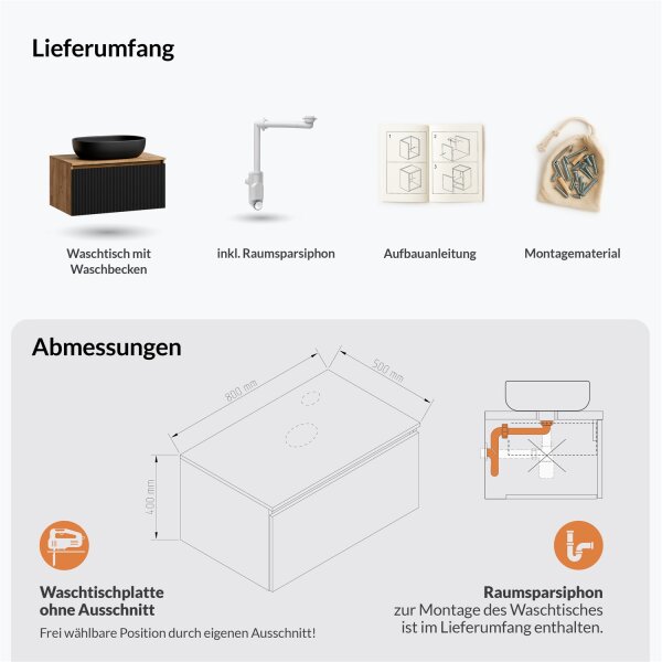 ARISA Waschtisch 80 cm Schwarz Geriffelt mit Keramik-Aufsatzwaschbecken 60 cm in Schwarz