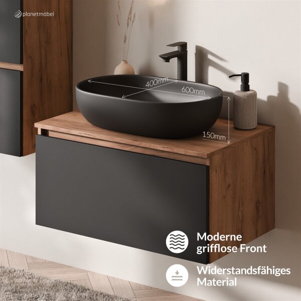 ARISA Waschtisch 80 cm Schwarz mit Keramik-Aufsatzwaschbecken 60 cm in Schwarz