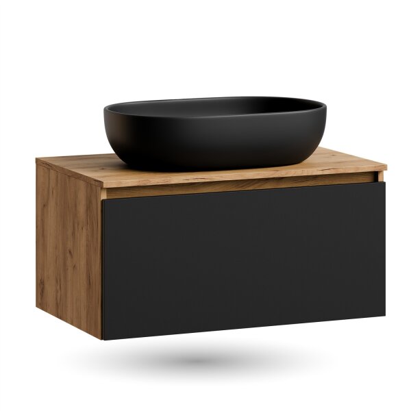 ARISA Waschtisch 80 cm Schwarz mit Keramik-Aufsatzwaschbecken 60 cm in Schwarz