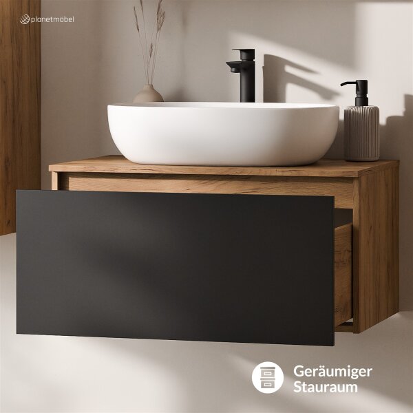 ARISA Waschtisch 80 cm Schwarz mit Keramik-Aufsatzwaschbecken 60 cm in Weiß