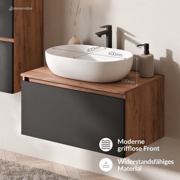 ARISA Waschtisch 80 cm Schwarz mit Keramik-Aufsatzwaschbecken 60 cm in Weiß