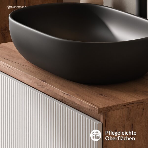 ARISA Waschtisch 80 cm Weiß Geriffelt mit Keramik-Aufsatzwaschbecken 60 cm in Schwarz