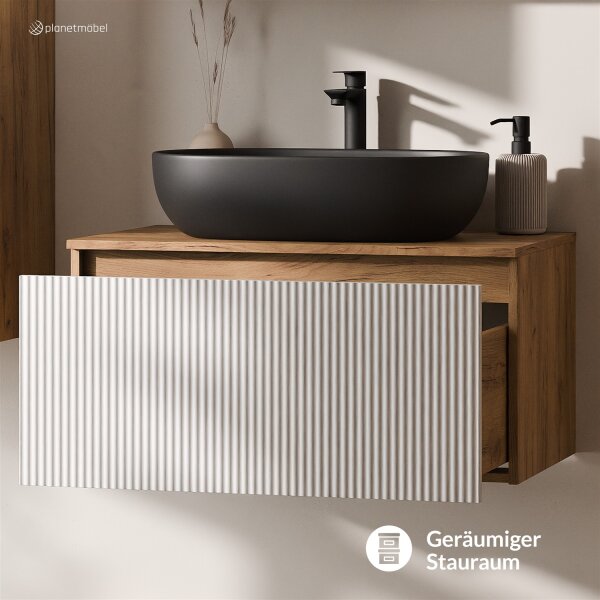 ARISA Waschtisch 80 cm Weiß Geriffelt mit Keramik-Aufsatzwaschbecken 60 cm in Schwarz