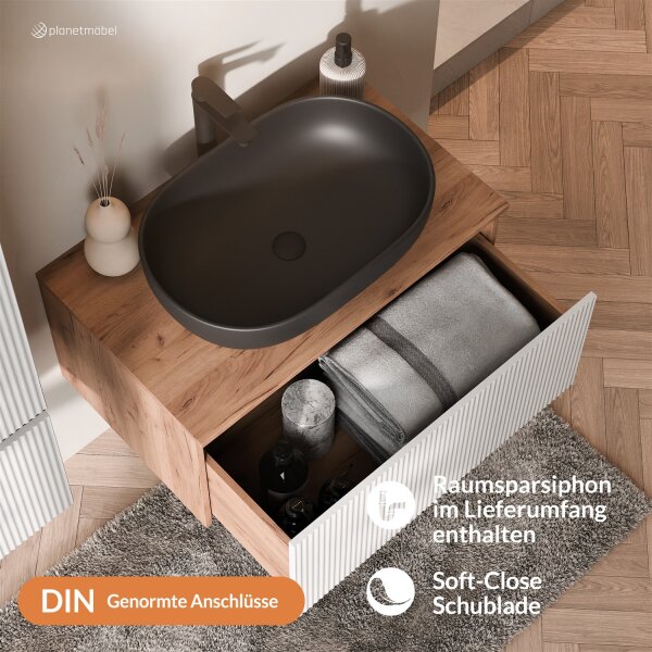 ARISA Waschtisch 80 cm Weiß Geriffelt mit Keramik-Aufsatzwaschbecken 60 cm in Schwarz