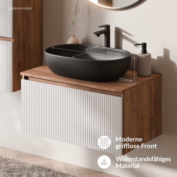 ARISA Waschtisch 80 cm Weiß Geriffelt mit Keramik-Aufsatzwaschbecken 60 cm in Schwarz