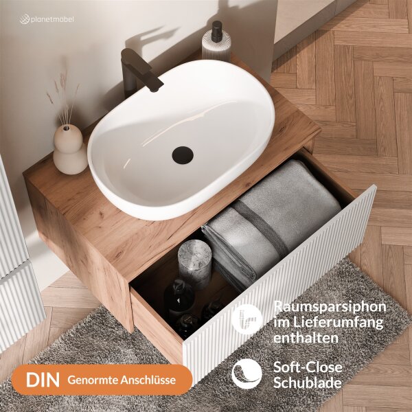 ARISA Waschtisch 80 cm Weiß Geriffelt mit Keramik-Aufsatzwaschbecken 60 cm in Weiß