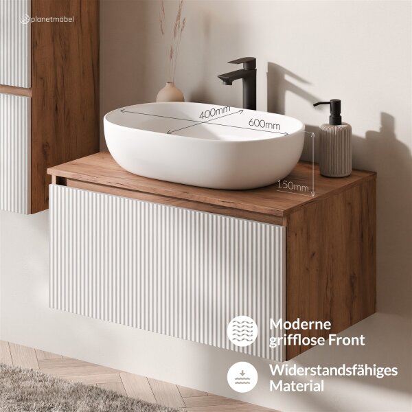 ARISA Waschtisch 80 cm Weiß Geriffelt mit Keramik-Aufsatzwaschbecken 60 cm in Weiß