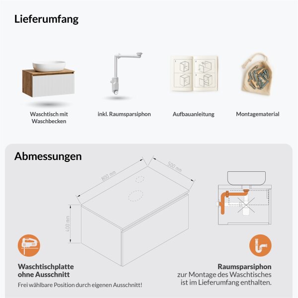 ARISA Waschtisch 80 cm Weiß Geriffelt mit Keramik-Aufsatzwaschbecken 60 cm in Weiß