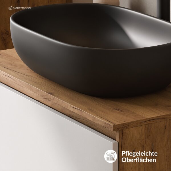 ARISA Waschtisch 80 cm Weiß mit Keramik-Aufsatzwaschbecken 60 cm in Schwarz