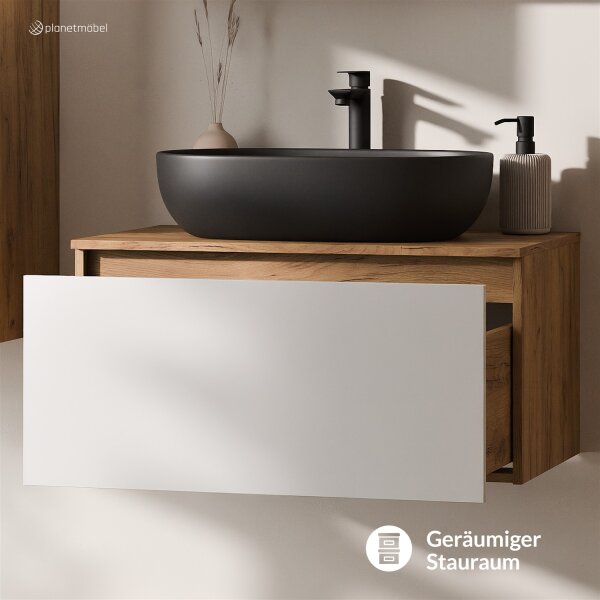 ARISA Waschtisch 80 cm Weiß mit Keramik-Aufsatzwaschbecken 60 cm in Schwarz