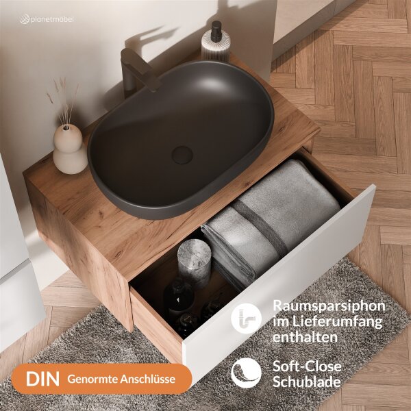 ARISA Waschtisch 80 cm Weiß mit Keramik-Aufsatzwaschbecken 60 cm in Schwarz