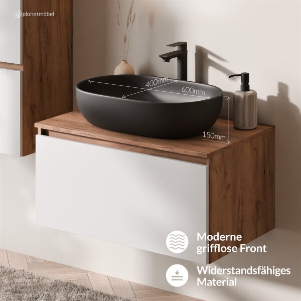 ARISA Waschtisch 80 cm Weiß mit Keramik-Aufsatzwaschbecken 60 cm in Schwarz