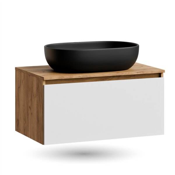 ARISA Waschtisch 80 cm Weiß mit Keramik-Aufsatzwaschbecken 60 cm in Schwarz