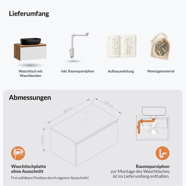 ARISA Waschtisch 80 cm Weiß mit Keramik-Aufsatzwaschbecken 60 cm in Schwarz