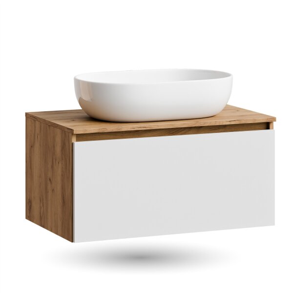 ARISA Waschtisch 80 cm Weiß mit Keramik-Aufsatzwaschbecken 60 cm in Weiß