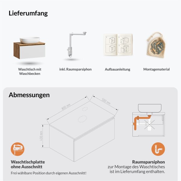 ARISA Waschtisch 80 cm Weiß mit Keramik-Aufsatzwaschbecken 60 cm in Weiß