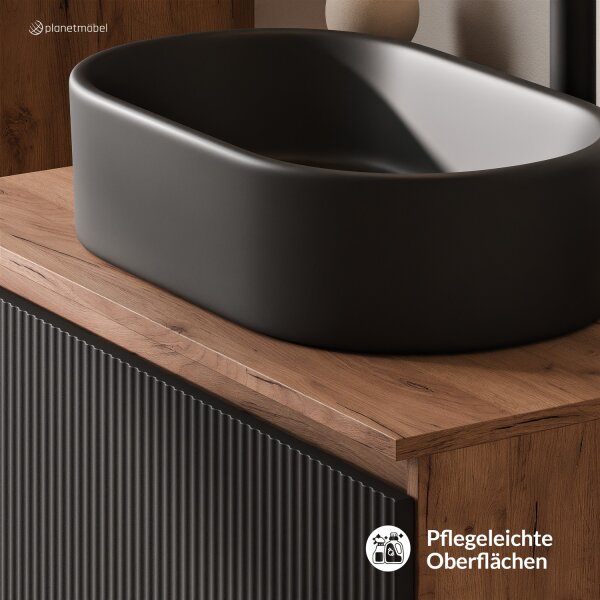 ARISA Waschtisch 80 cm Schwarz Geriffelt mit Keramik-Aufsatzwaschbecken 55 cm in Schwarz