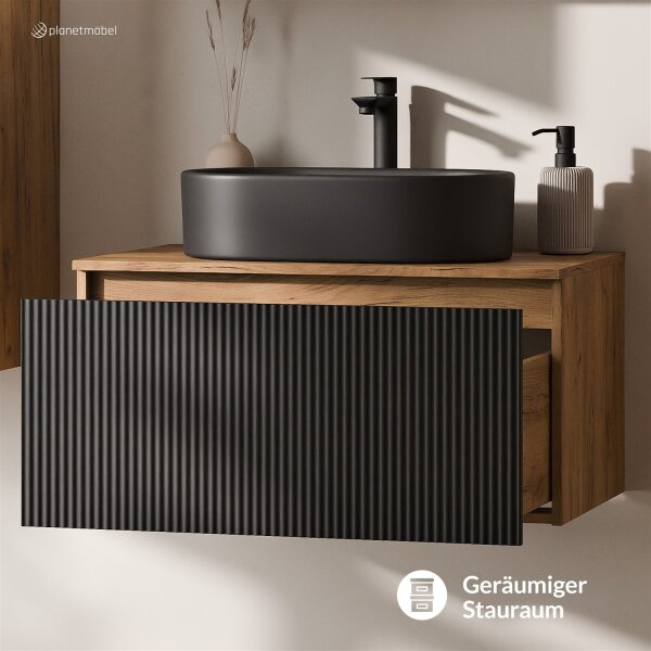 ARISA Waschtisch 80 cm Schwarz Geriffelt mit Keramik-Aufsatzwaschbecken 55 cm in Schwarz