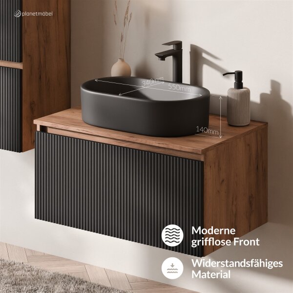 ARISA Waschtisch 80 cm Schwarz Geriffelt mit Keramik-Aufsatzwaschbecken 55 cm in Schwarz