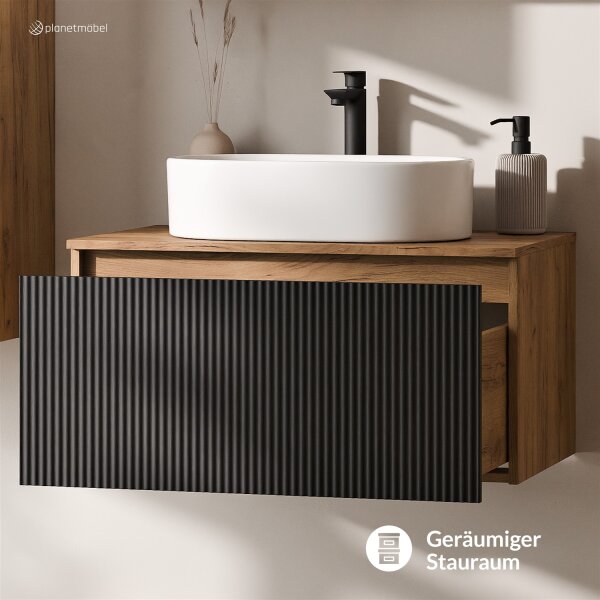 ARISA Waschtisch 80 cm Schwarz Geriffelt mit Keramik-Aufsatzwaschbecken 55 cm in Weiß