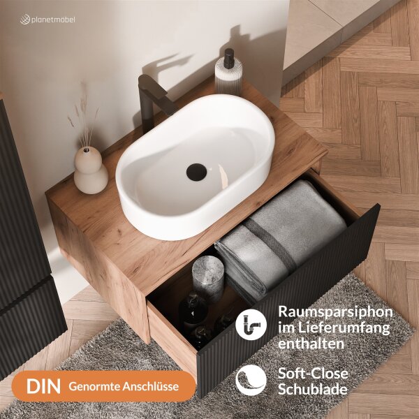 ARISA Waschtisch 80 cm Schwarz Geriffelt mit Keramik-Aufsatzwaschbecken 55 cm in Weiß