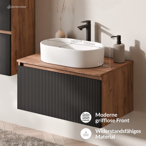 ARISA Waschtisch 80 cm Schwarz Geriffelt mit Keramik-Aufsatzwaschbecken 55 cm in Weiß