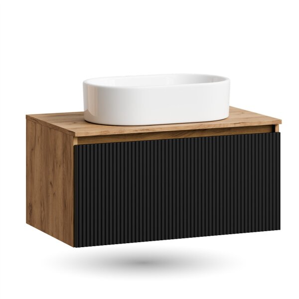 ARISA Waschtisch 80 cm Schwarz Geriffelt mit Keramik-Aufsatzwaschbecken 55 cm in Weiß