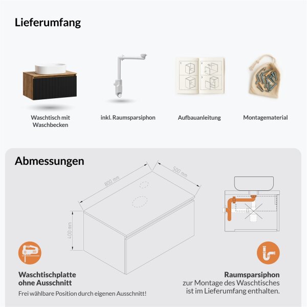 ARISA Waschtisch 80 cm Schwarz Geriffelt mit Keramik-Aufsatzwaschbecken 55 cm in Weiß