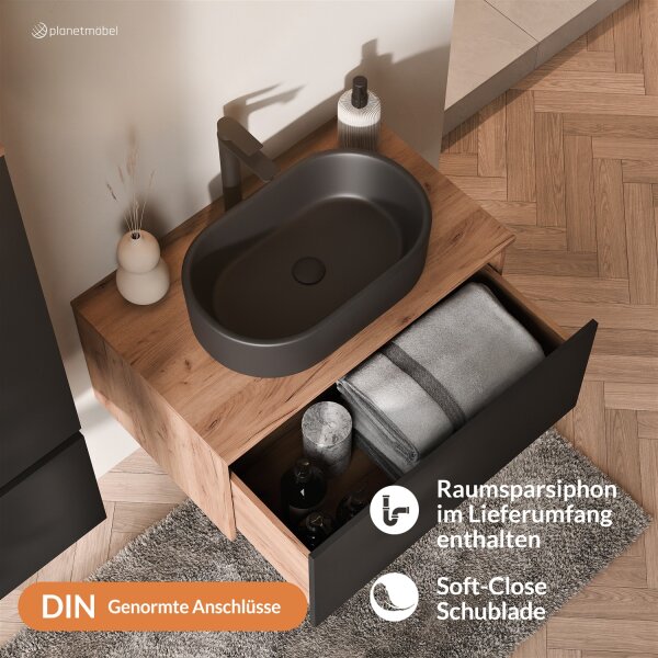 ARISA Waschtisch 80 cm Schwarz mit Keramik-Aufsatzwaschbecken 55 cm in Schwarz
