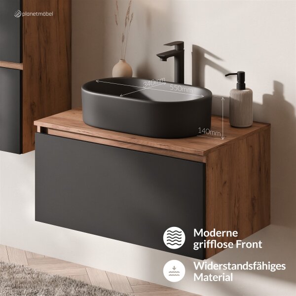 ARISA Waschtisch 80 cm Schwarz mit Keramik-Aufsatzwaschbecken 55 cm in Schwarz