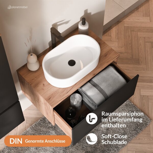 ARISA Waschtisch 80 cm Schwarz mit Keramik-Aufsatzwaschbecken 55 cm in Weiß