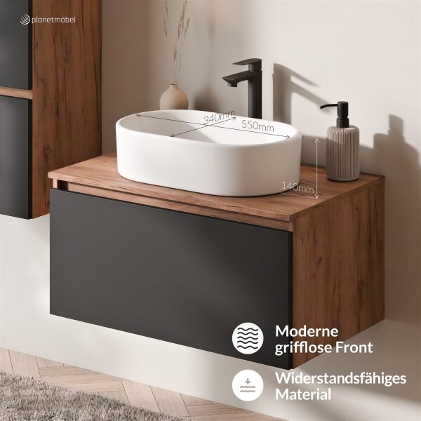 ARISA Waschtisch 80 cm Schwarz mit Keramik-Aufsatzwaschbecken 55 cm in Weiß