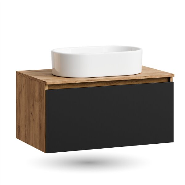 ARISA Waschtisch 80 cm Schwarz mit Keramik-Aufsatzwaschbecken 55 cm in Weiß