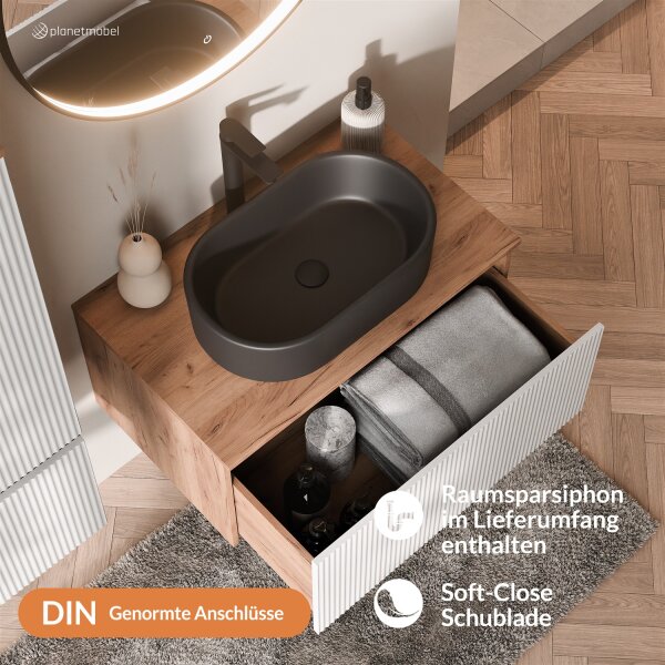 ARISA Waschtisch 80 cm Weiß Geriffelt mit Keramik-Aufsatzwaschbecken 55 cm in Schwarz