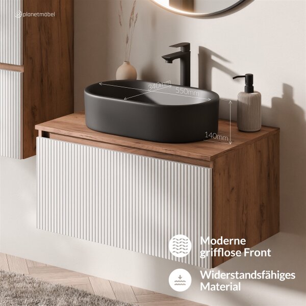 ARISA Waschtisch 80 cm Weiß Geriffelt mit Keramik-Aufsatzwaschbecken 55 cm in Schwarz