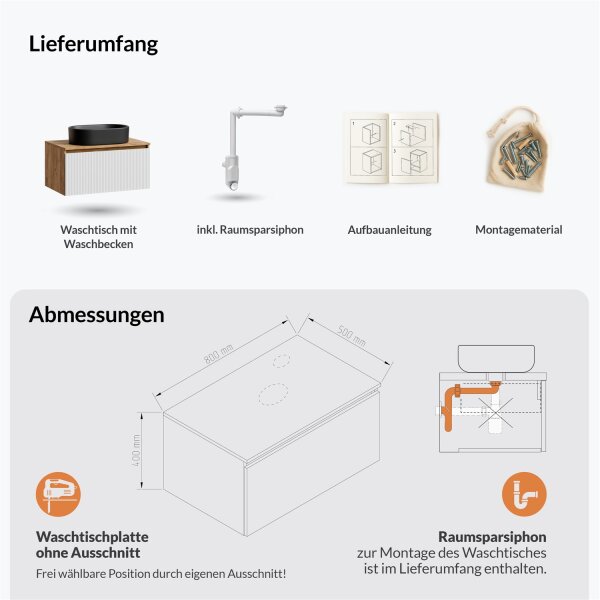 ARISA Waschtisch 80 cm Weiß Geriffelt mit Keramik-Aufsatzwaschbecken 55 cm in Schwarz