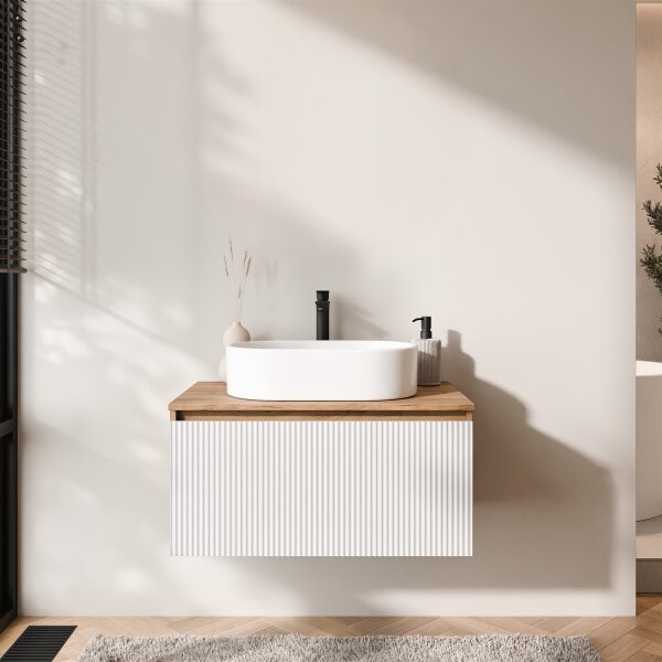 ARISA Waschtisch 80 cm Weiß Geriffelt mit Keramik-Aufsatzwaschbecken 55 cm in Weiß