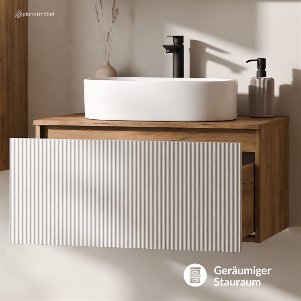 ARISA Waschtisch 80 cm Weiß Geriffelt mit Keramik-Aufsatzwaschbecken 55 cm in Weiß