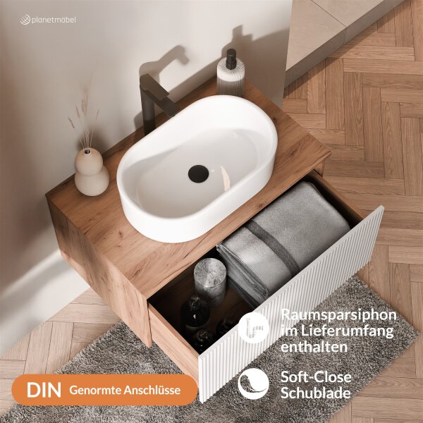 ARISA Waschtisch 80 cm Weiß Geriffelt mit Keramik-Aufsatzwaschbecken 55 cm in Weiß