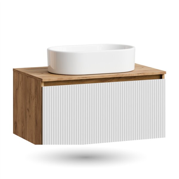 ARISA Waschtisch 80 cm Weiß Geriffelt mit Keramik-Aufsatzwaschbecken 55 cm in Weiß