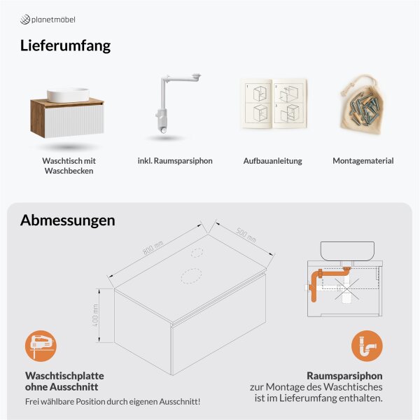 ARISA Waschtisch 80 cm Weiß Geriffelt mit Keramik-Aufsatzwaschbecken 55 cm in Weiß