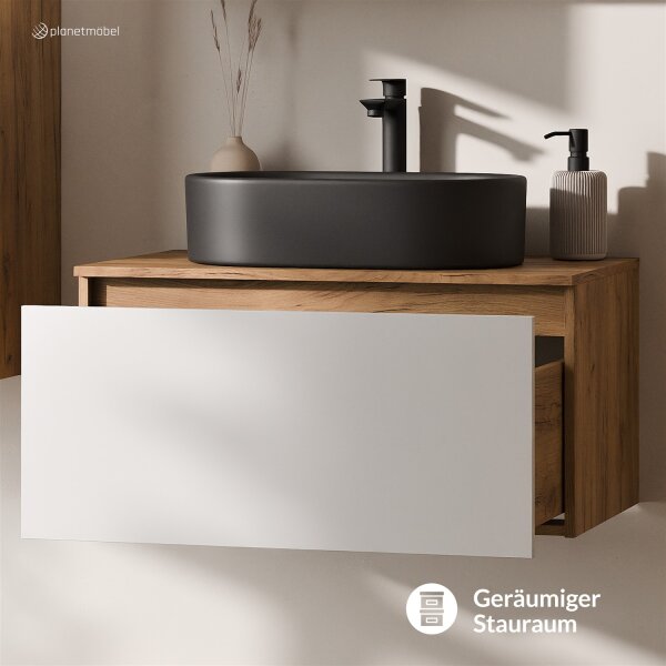 ARISA Waschtisch 80 cm Weiß mit Keramik-Aufsatzwaschbecken 55 cm in Schwarz