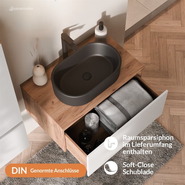 ARISA Waschtisch 80 cm Weiß mit Keramik-Aufsatzwaschbecken 55 cm in Schwarz