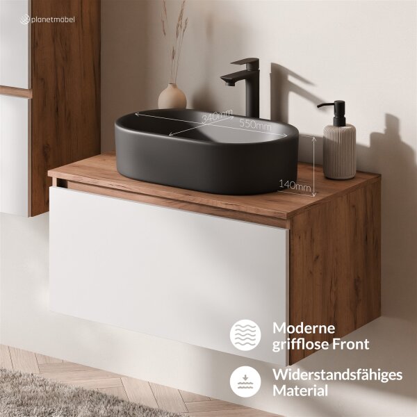 ARISA Waschtisch 80 cm Weiß mit Keramik-Aufsatzwaschbecken 55 cm in Schwarz