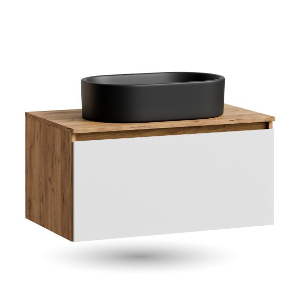 ARISA Waschtisch 80 cm Weiß mit Keramik-Aufsatzwaschbecken 55 cm in Schwarz