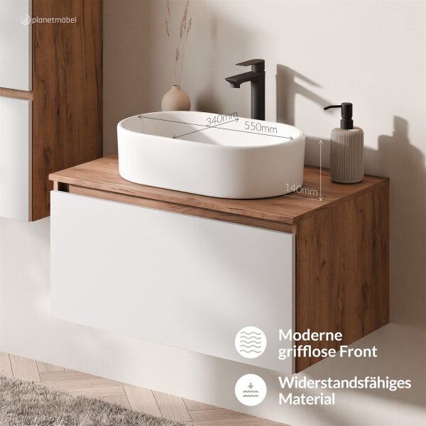 ARISA Waschtisch 80 cm Weiß mit Keramik-Aufsatzwaschbecken 55 cm in Weiß