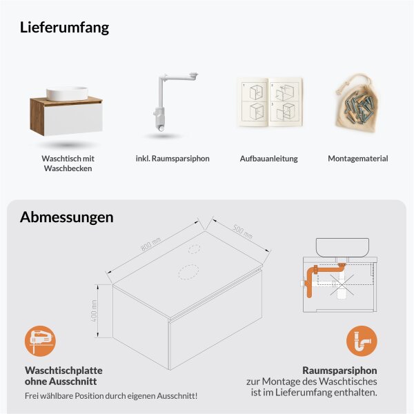 ARISA Waschtisch 80 cm Weiß mit Keramik-Aufsatzwaschbecken 55 cm in Weiß