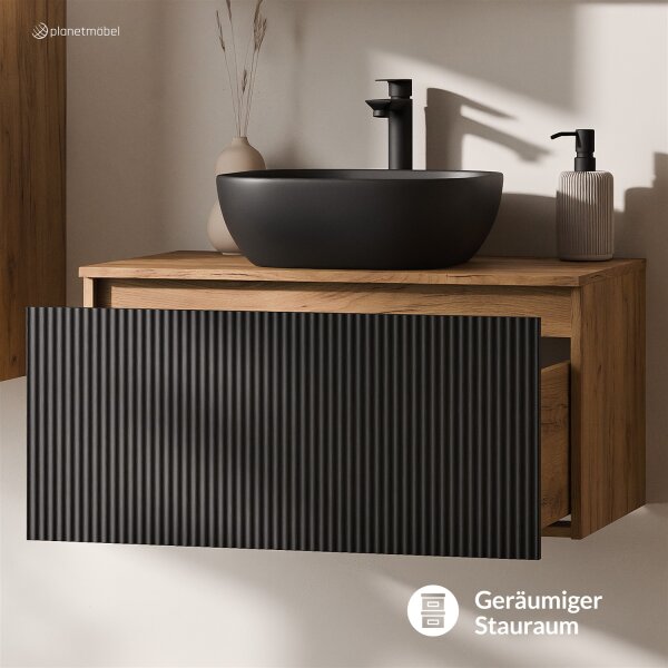 ARISA Waschtisch 80 cm Schwarz Geriffelt mit Keramik-Aufsatzwaschbecken 42 cm in Schwarz