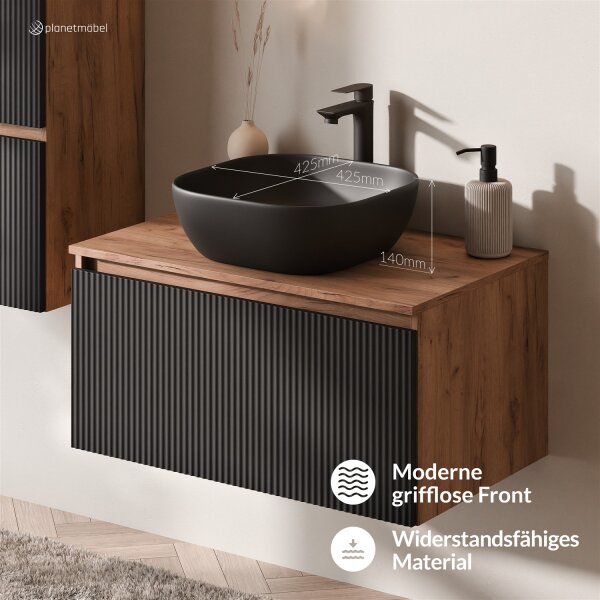 ARISA Waschtisch 80 cm Schwarz Geriffelt mit Keramik-Aufsatzwaschbecken 42 cm in Schwarz